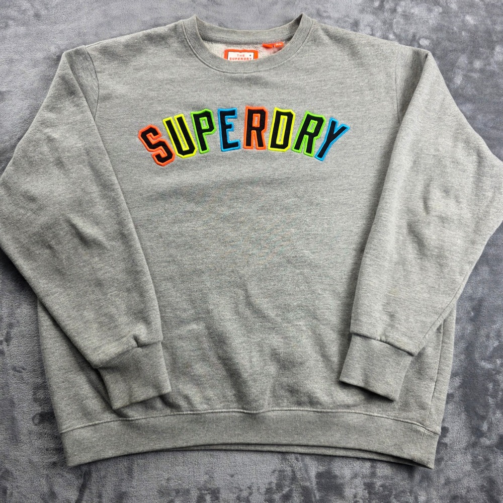 Superdry Sweatshirt Mens 2XL Gray Multi-Color Embroidered Logo Crewneck Pullover